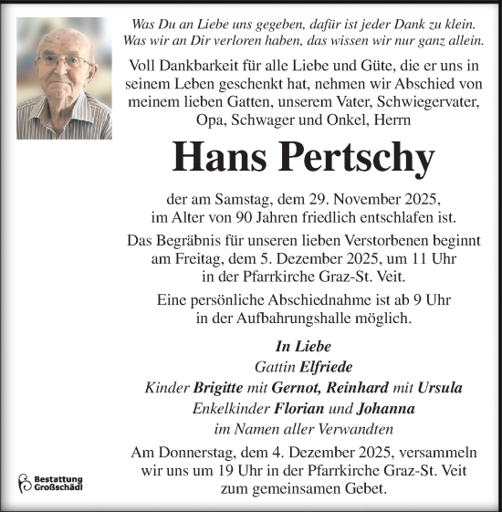 Traueranzeige von Hans Pertschy von Kleine Zeitung