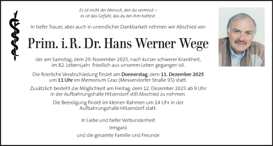 Traueranzeige von Hans Werner Wege von Kleine Zeitung