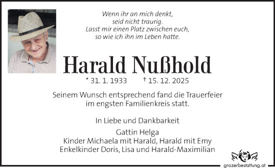 Traueranzeige von Harald Nußhold von Kleine Zeitung