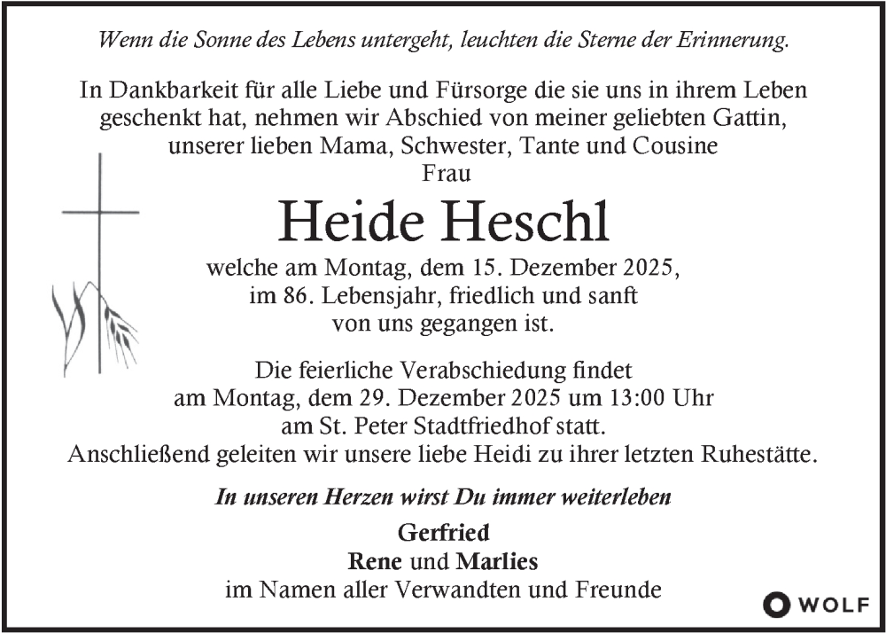  Traueranzeige für Heide Heschl vom 19.12.2025 aus Kleine Zeitung