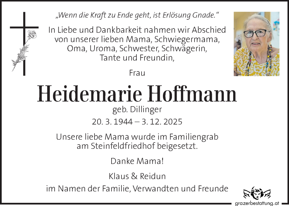  Traueranzeige für Heidemarie Hoffmann vom 13.12.2025 aus Kleine Zeitung
