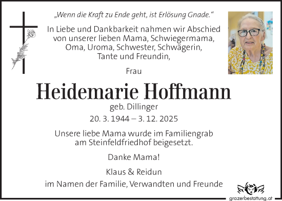 Traueranzeige von Heidemarie Hoffmann von Kleine Zeitung