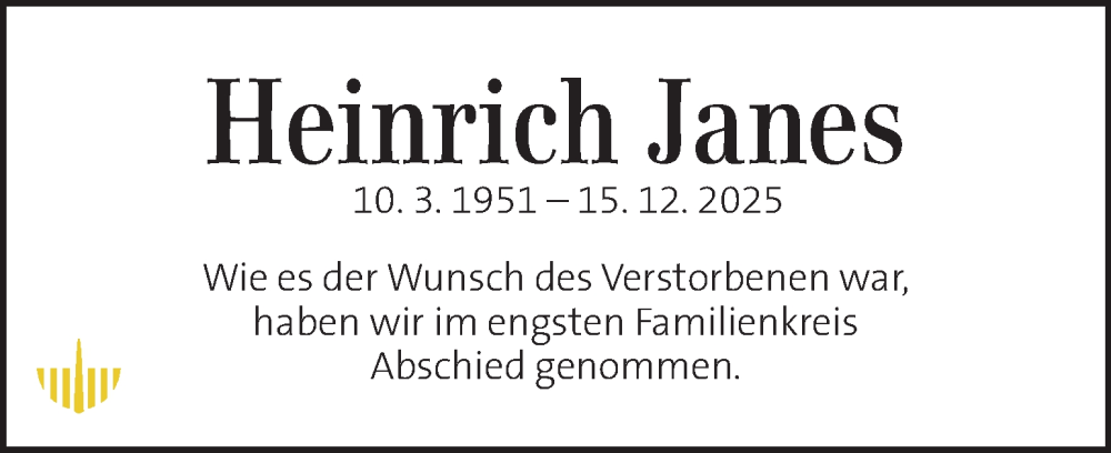  Traueranzeige für Heinrich Janes vom 23.12.2025 aus Kleine Zeitung