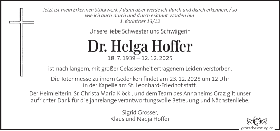 Traueranzeige von Helga Hoffer von Kleine Zeitung