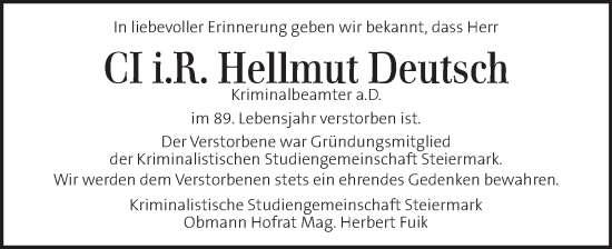 Traueranzeige von Hellmut Deutsch von Kleine Zeitung