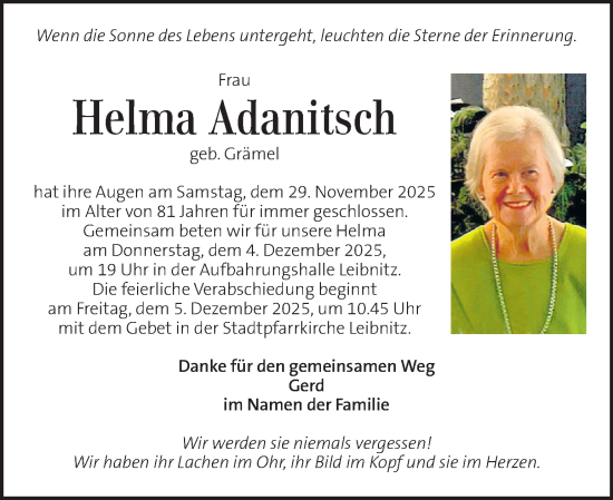 Traueranzeige von Helma Adanitsch von Kleine Zeitung