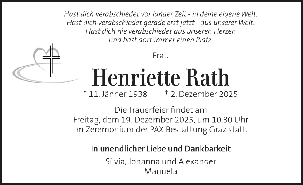  Traueranzeige für Henriette Rath vom 14.12.2025 aus Kleine Zeitung