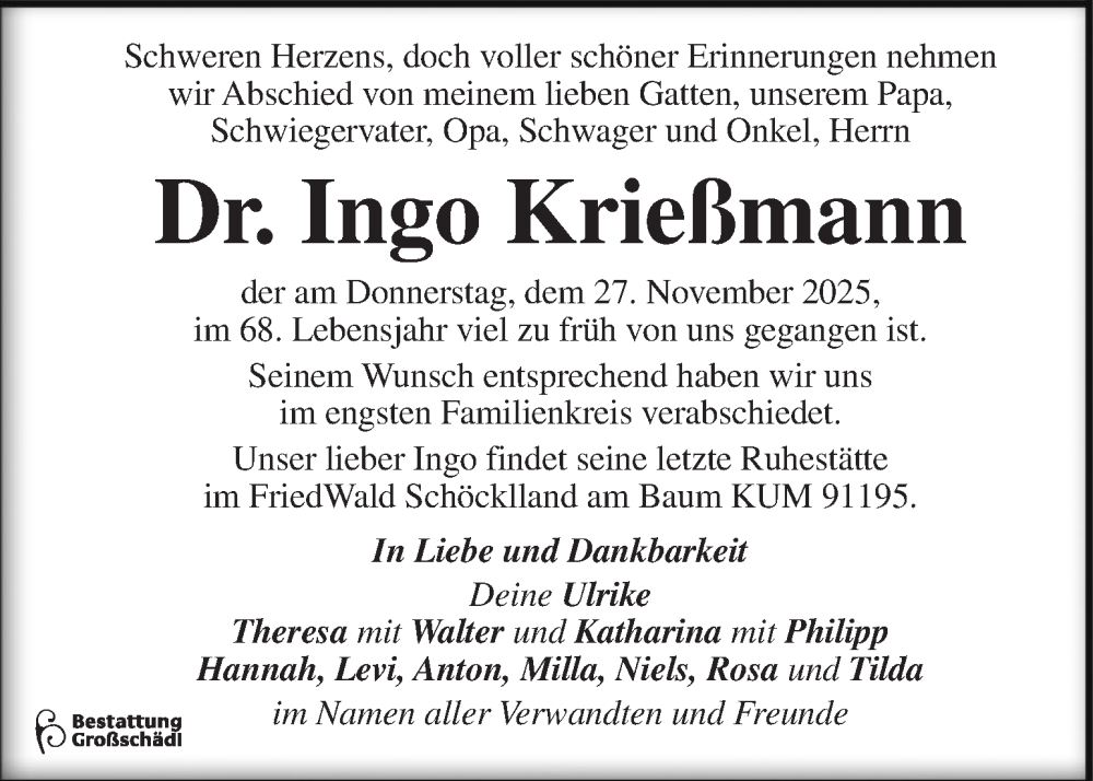  Traueranzeige für Ingo Krießmann vom 06.12.2025 aus Kleine Zeitung