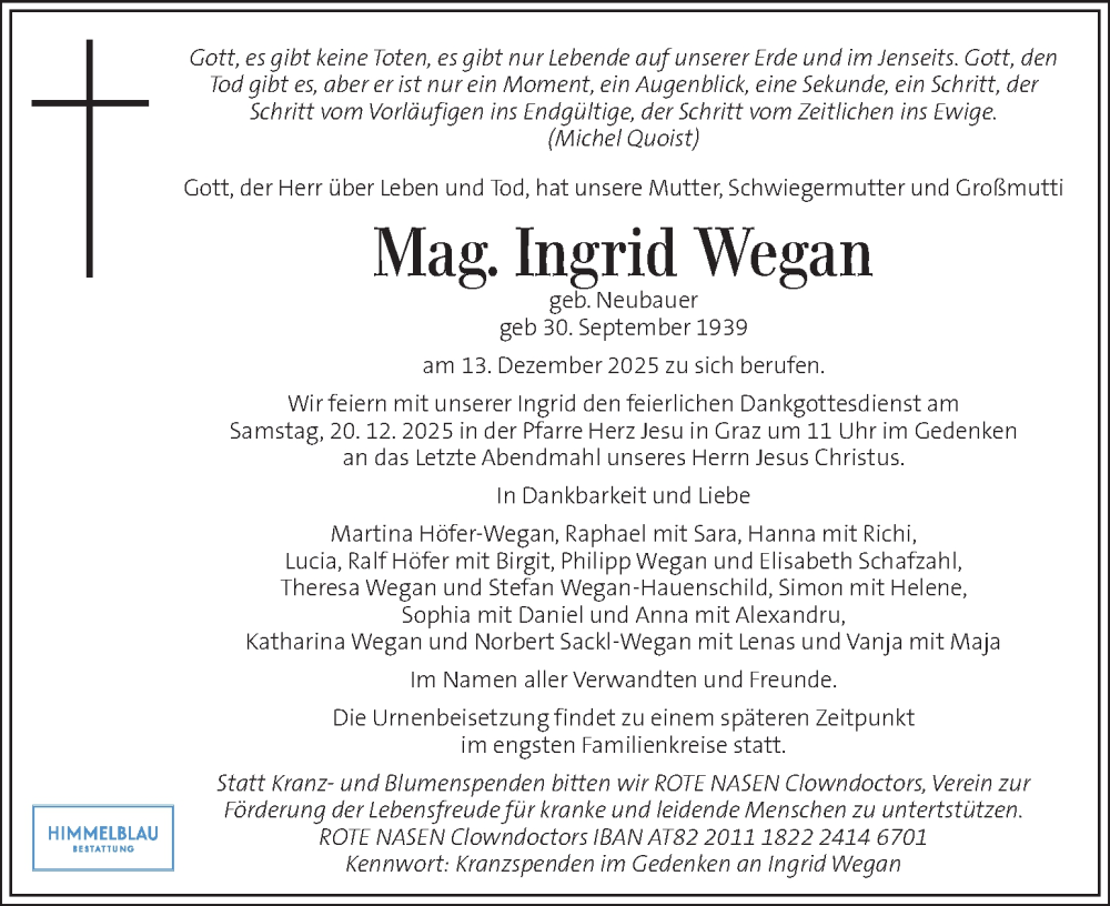 Traueranzeige für Ingrid Wegan vom 18.12.2025 aus Kleine Zeitung
