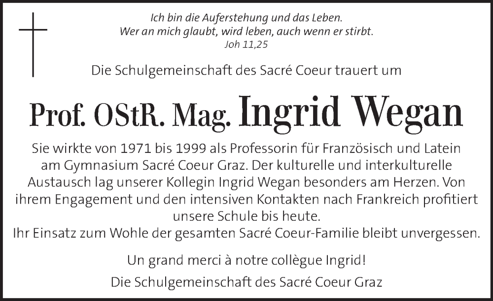  Traueranzeige für Ingrid Wegan vom 20.12.2025 aus Kleine Zeitung