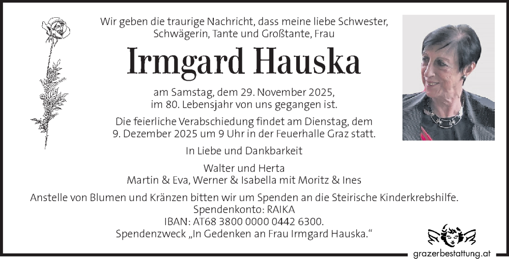  Traueranzeige für Irmgard Hauska vom 06.12.2025 aus Kleine Zeitung