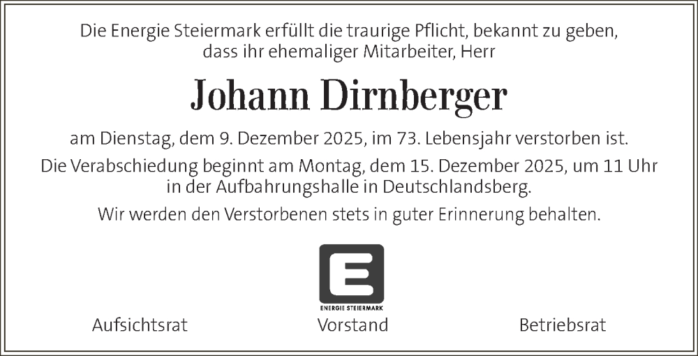  Traueranzeige für Johann Dirnberger vom 13.12.2025 aus Kleine Zeitung