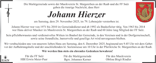 Traueranzeige von Johann Hierzer von Kleine Zeitung