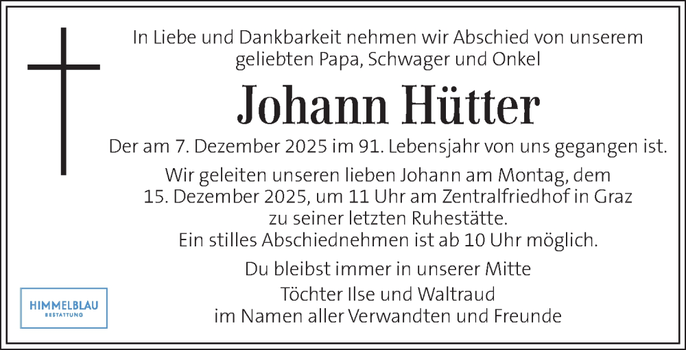  Traueranzeige für Johann Hütter vom 13.12.2025 aus Kleine Zeitung