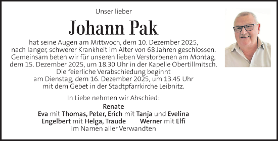 Traueranzeige von Johann Pak von Kleine Zeitung