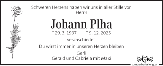 Traueranzeige von Johann Plha von Kleine Zeitung