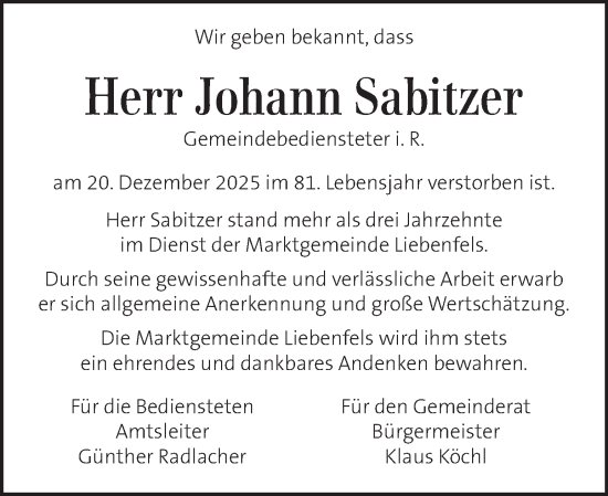 Traueranzeige von Johann Sabitzer von Kleine Zeitung