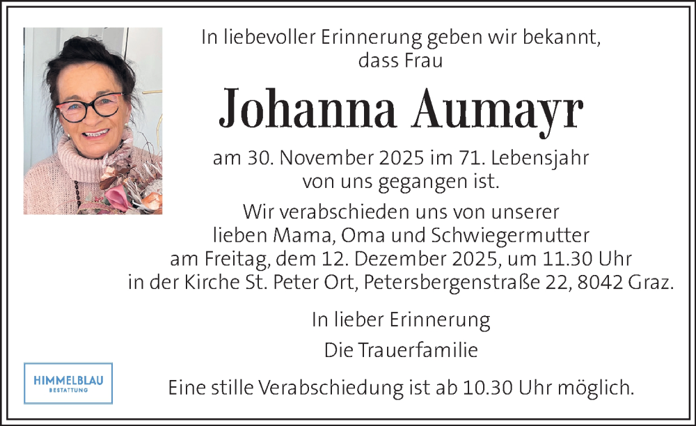  Traueranzeige für Johanna Aumayr vom 10.12.2025 aus Kleine Zeitung