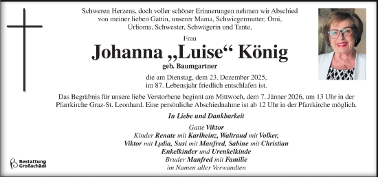 Traueranzeige von Johanna  König von Kleine Zeitung