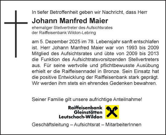 Traueranzeige von Johann Manfred Maier von Kleine Zeitung