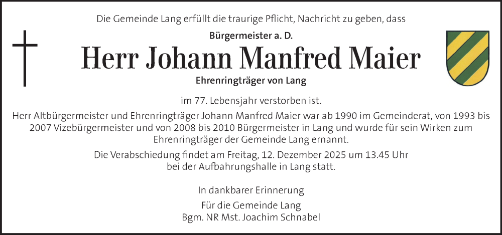  Traueranzeige für Johann Manfred Maier vom 11.12.2025 aus Kleine Zeitung