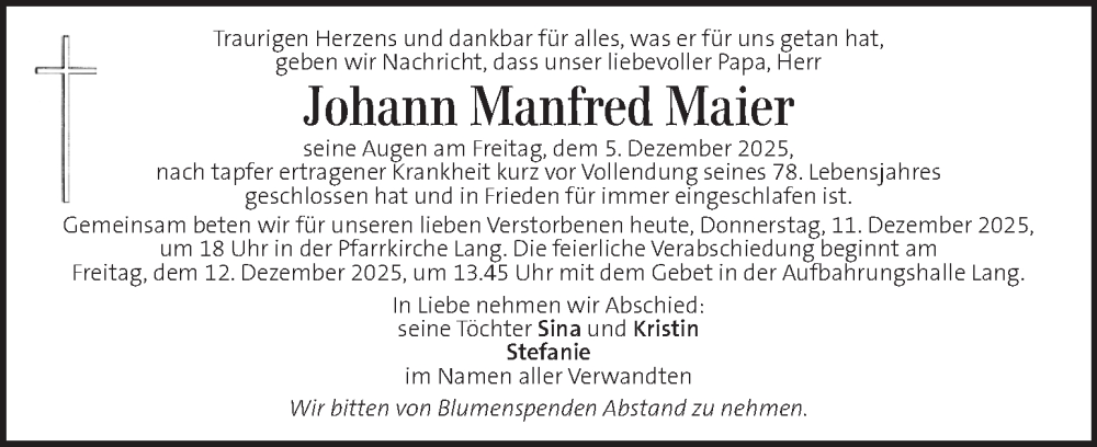  Traueranzeige für Johann Manfred Maier vom 11.12.2025 aus Kleine Zeitung