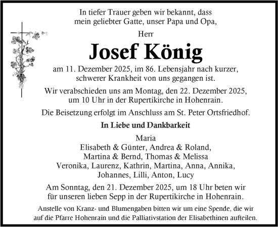 Traueranzeige von Josef König von Kleine Zeitung
