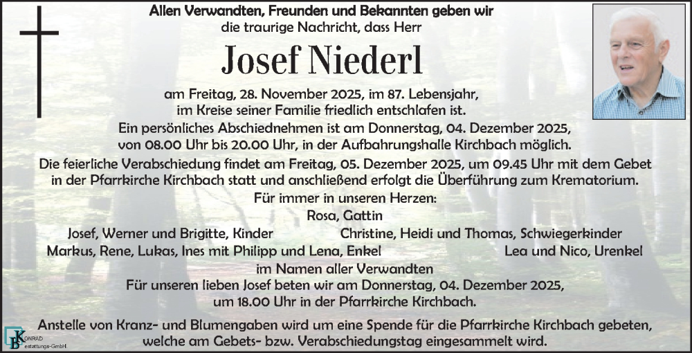  Traueranzeige für Josef Niederl vom 03.12.2025 aus Kleine Zeitung