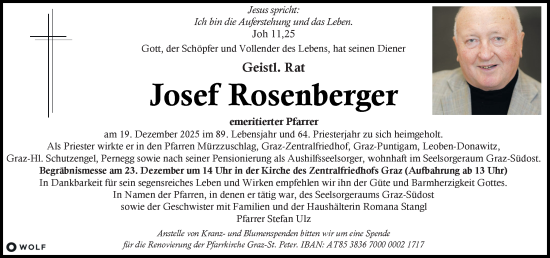 Traueranzeige von Josef Rosenberger von Kleine Zeitung