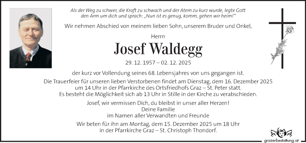  Traueranzeige für Josef Waldegg vom 12.12.2025 aus Kleine Zeitung