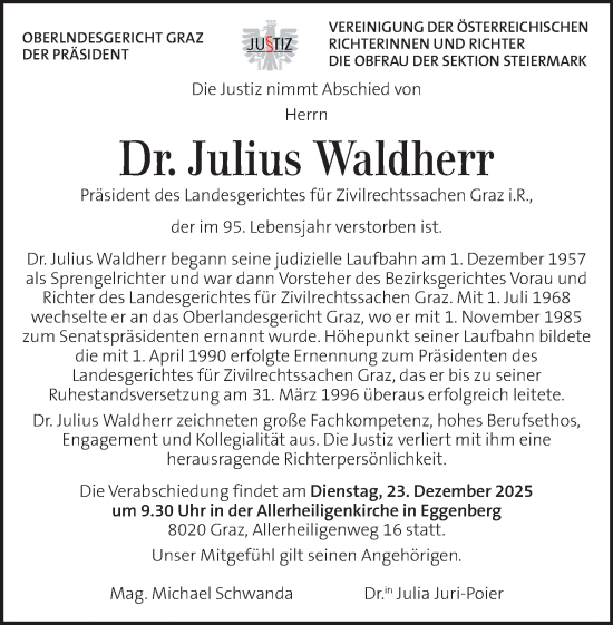 Traueranzeige von Julius Waldherr von Kleine Zeitung