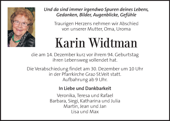 Traueranzeige von Karin Widtman von Kleine Zeitung