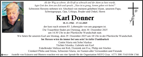 Traueranzeige von Karl Donner von Kleine Zeitung