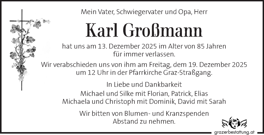  Traueranzeige für Karl Großmann vom 17.12.2025 aus Kleine Zeitung