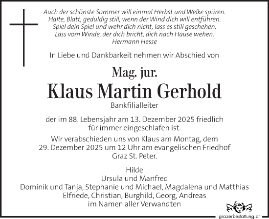 Traueranzeige von Klaus Martin Gerhold von Kleine Zeitung