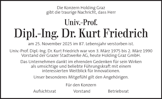 Traueranzeige von Kurt Friedrich von Kleine Zeitung