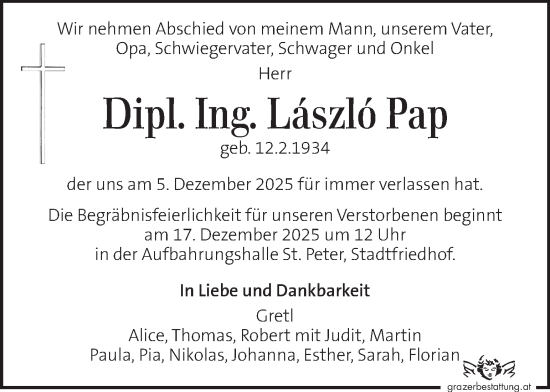 Traueranzeige von Laszlo Pap von Kleine Zeitung