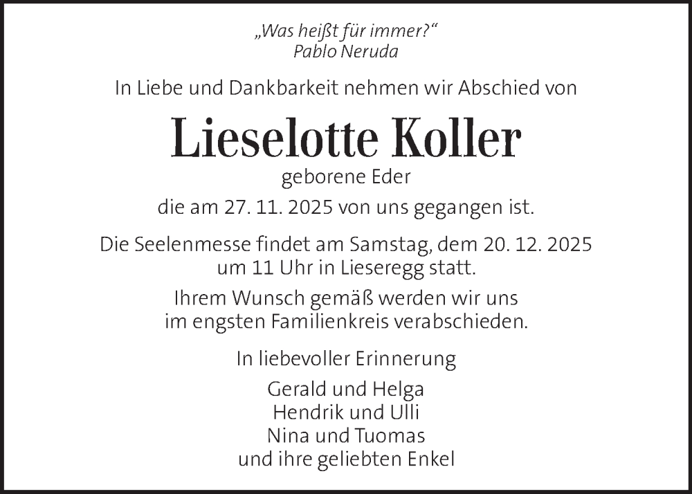  Traueranzeige für Lieselotte Koller vom 13.12.2025 aus Kleine Zeitung