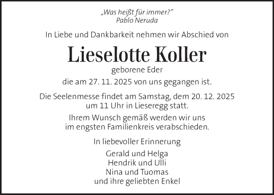 Traueranzeige von Lieselotte Koller von Kleine Zeitung