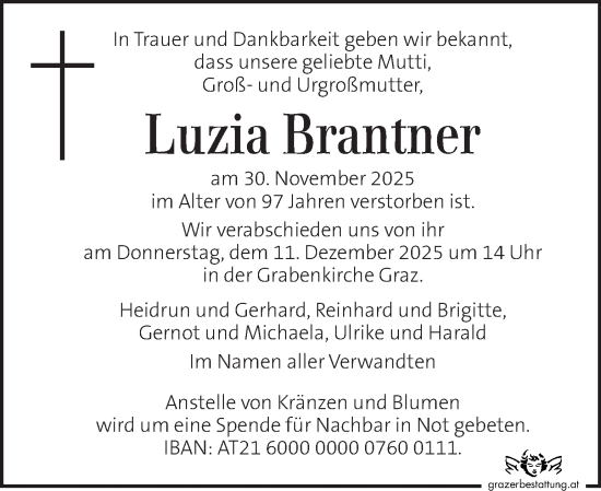 Traueranzeige von Luzia Brantner von Kleine Zeitung