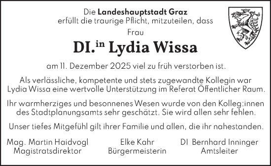Traueranzeige von Lydia Wissa von Kleine Zeitung