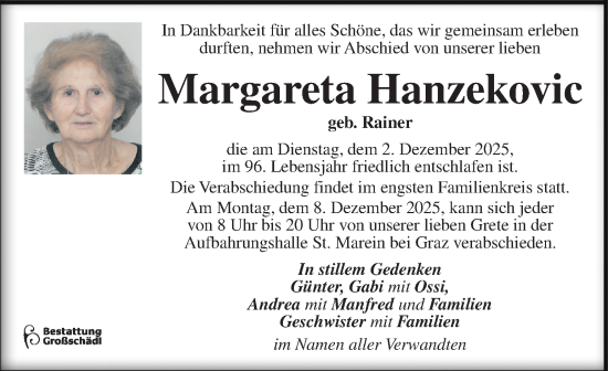 Traueranzeige von Margareta Hanzekovic von Kleine Zeitung