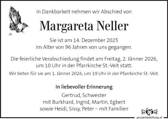 Traueranzeige von Margareta Neller von Kleine Zeitung