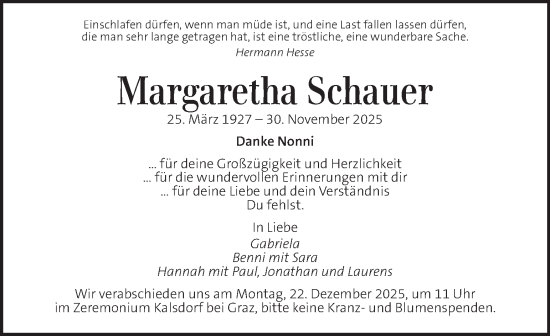 Traueranzeige von Margaretha Schauer von Kleine Zeitung