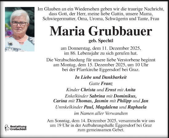 Traueranzeige von Maria Grubbauer von Kleine Zeitung
