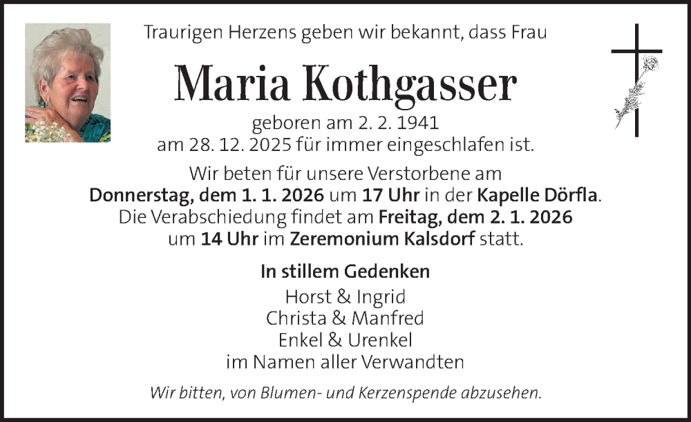  Traueranzeige für Maria Kothgasser vom 30.12.2025 aus Kleine Zeitung