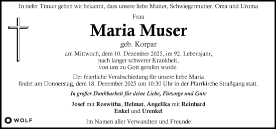Traueranzeige von Maria Muser von Kleine Zeitung