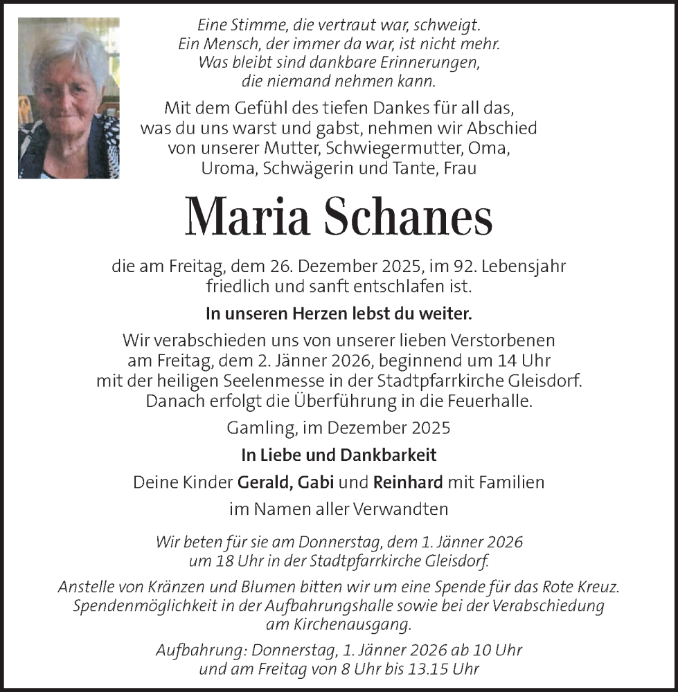  Traueranzeige für Maria Schanes vom 30.12.2025 aus Kleine Zeitung
