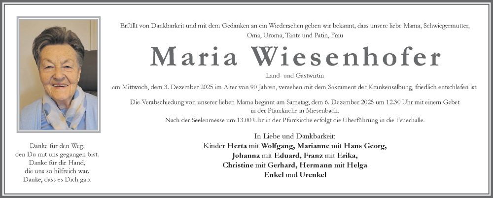  Traueranzeige für Maria Wiesenhofer vom 05.12.2025 aus Kleine Zeitung