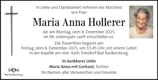Traueranzeige von Maria Anna Hollerer von Kleine Zeitung